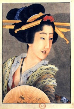  alt - Porträt einer Frau, die einen Fan Katsushika Hokusai Ukiyoe hält